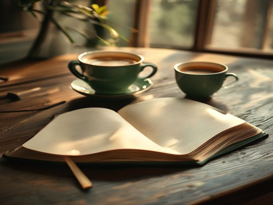 Open workbook with pen and cup of coffee on a wooden desk